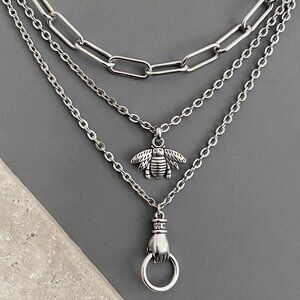 NEW , layered silver tone necklace set, HAND BEE, french vintage inspired